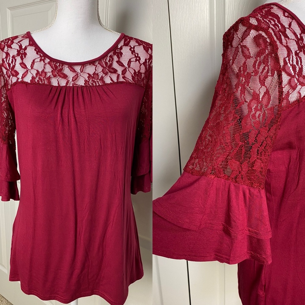 Aceshin Lenox Maroon Lace Patchwork Top - image 2